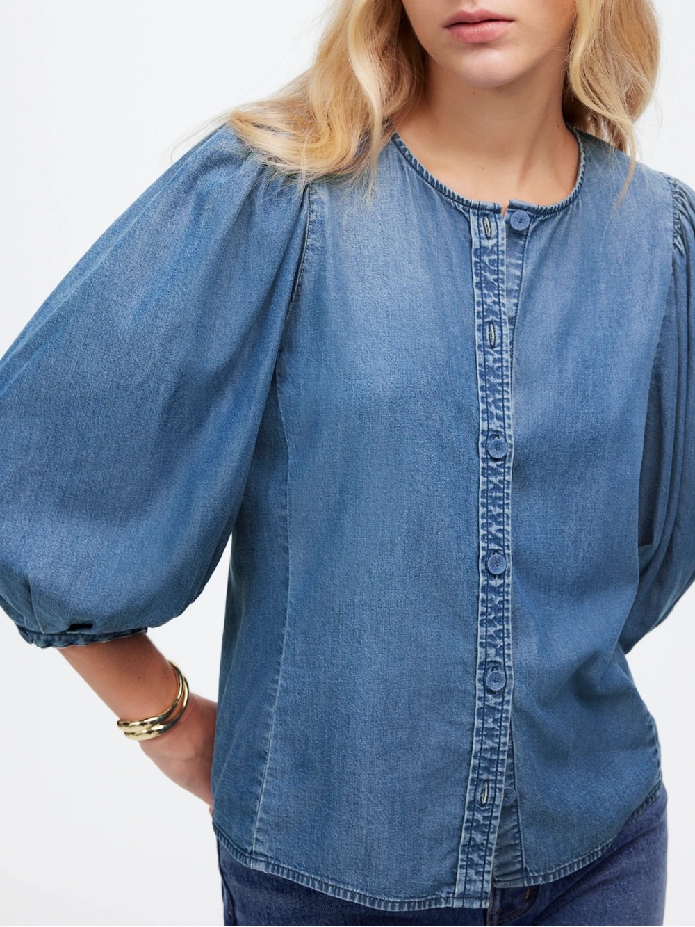 MADEWELL 8 Denim Puff Sleeve Button Up Top in Kennebec Wash Chambray Blue M